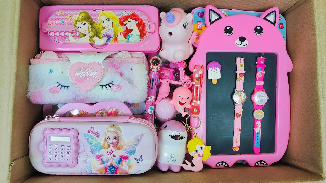 Unboxing Pink & Unicorn stationery 📚 Board, Geometry Box, Pencil Box, Sharpener, Eraser, Pen etc.