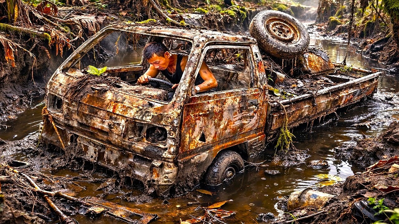 Suzuki Mini Truck Abandoned in a Muddy Jungle Ditch – A Forgotten Relic of Time