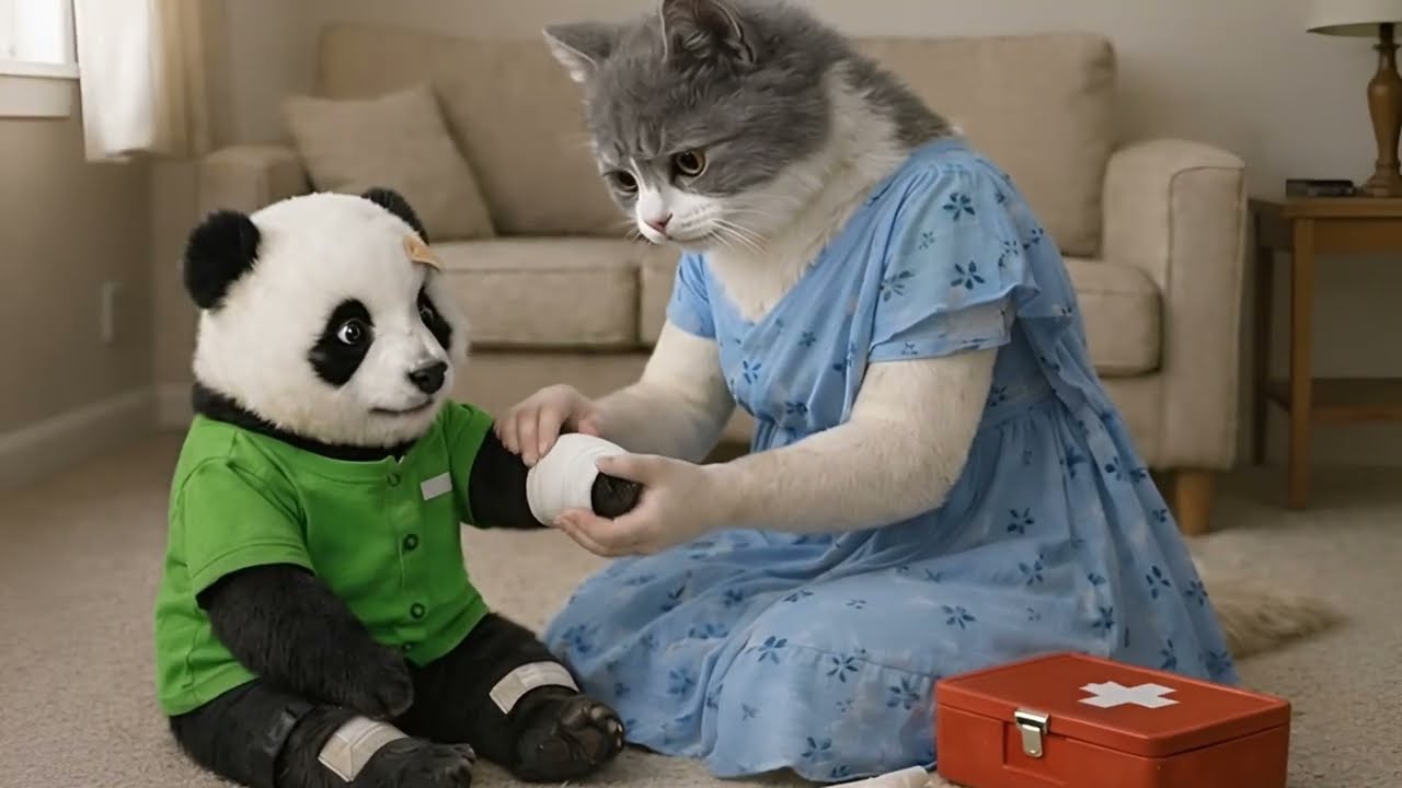 A Kind Grey Baby Cat Saves a Panda Friend After an Accident | #cartoonstory #kidsvideo 🐼🐱