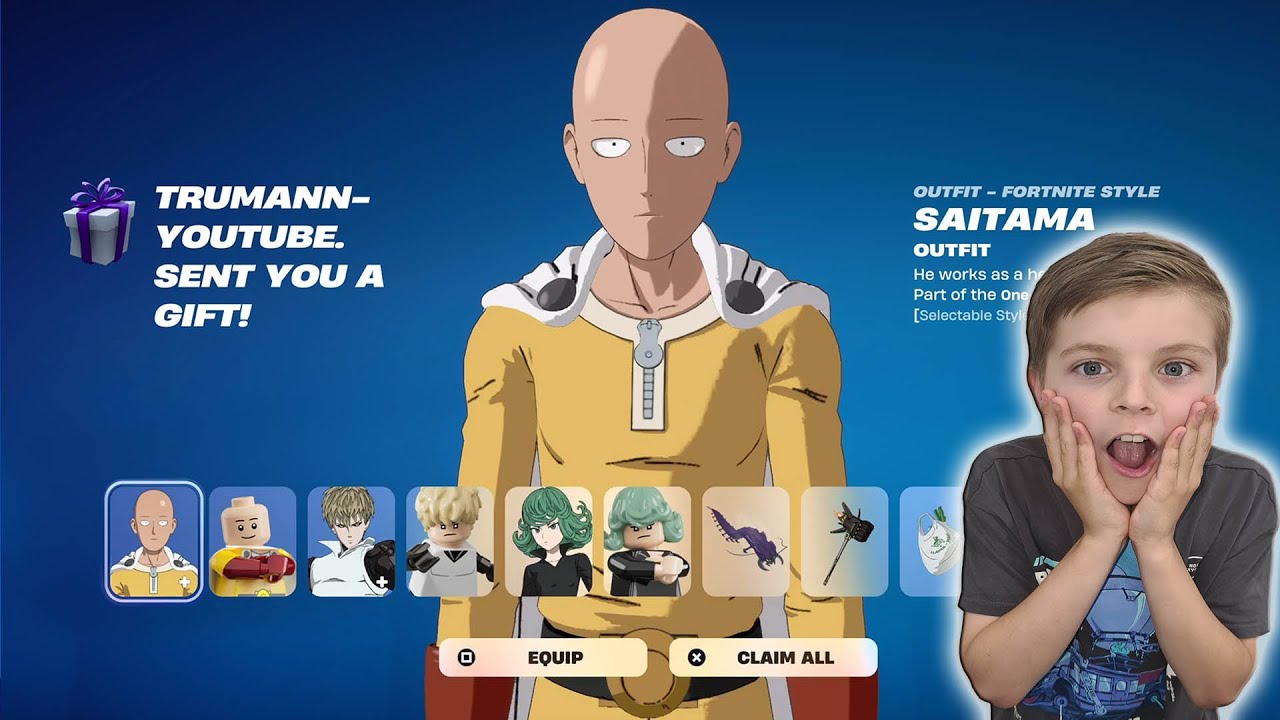 Gifting My Kid The NEW Fortnite BALD Man Skin Unlocking ONE PUNCH Man Bundle & FREE REWARDS TODAY