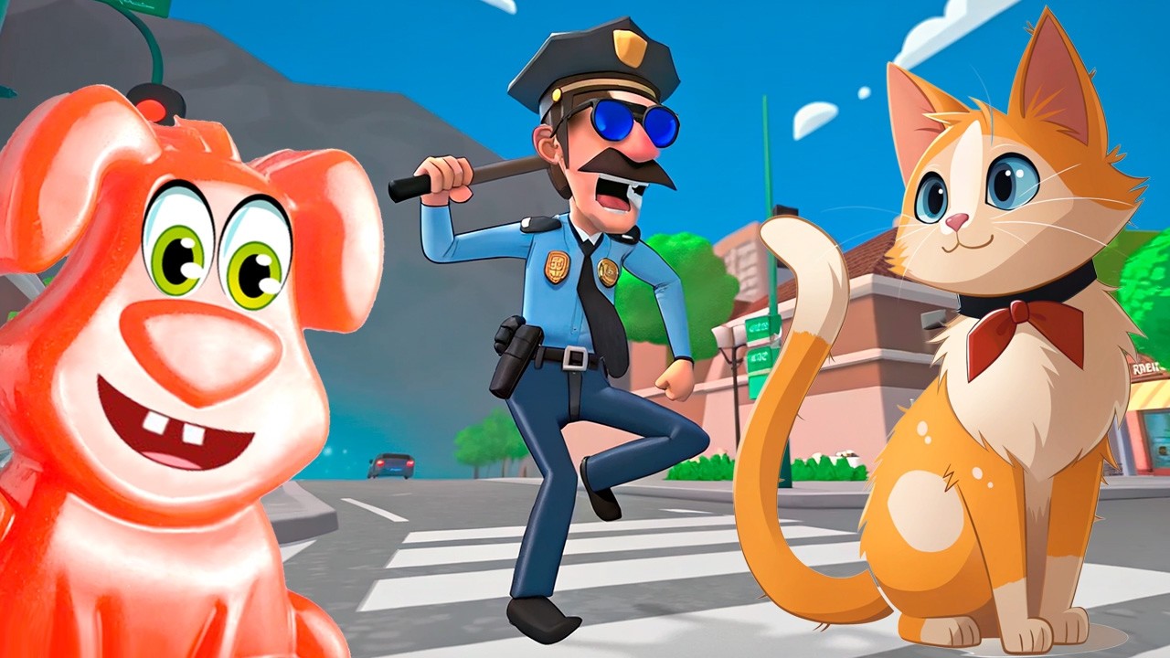 Котик веселится в городе вместе с желейным псом Стасиком. Игра - Cat in town VR.