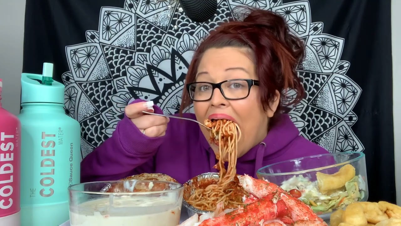 SAUCE QUEEN- KING CRAB + SHRIMP + BAKED SPAGHETTI AND SALAD BITES ONLY MUKBANG ASMR