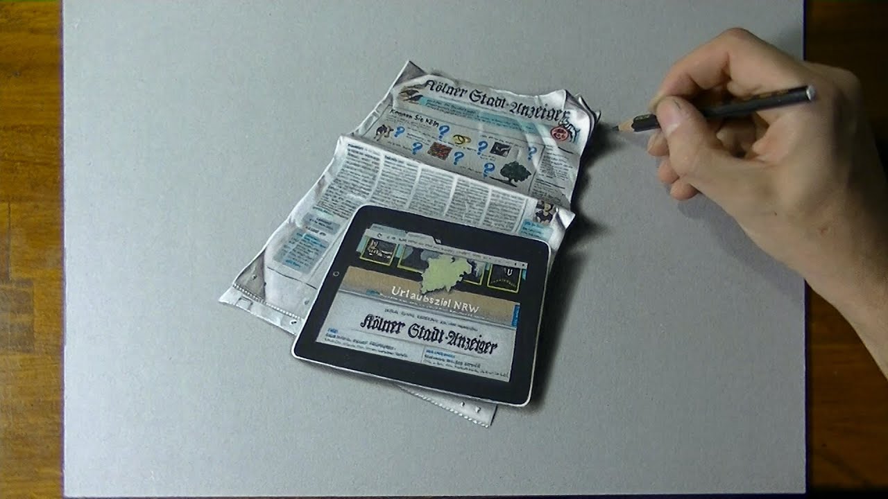 Drawing Time Lapse: a tablet placed on a German newspaper - hyperrealistic art