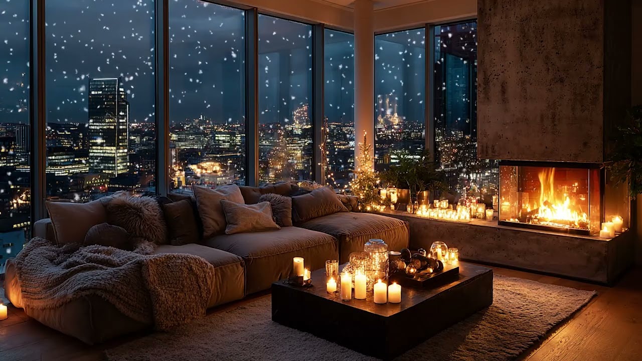 Still Winter Night Cabin Piano | Fireplace Glow and Soft Falling Snow