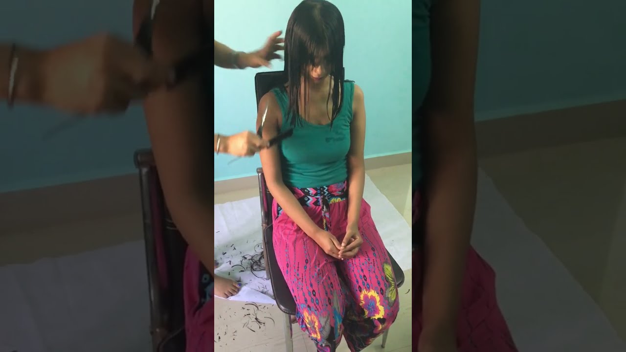 Indian Girl goes from Long to Short Haircut. No Cape. Home Haircut. Women long to shoulder Haircut.