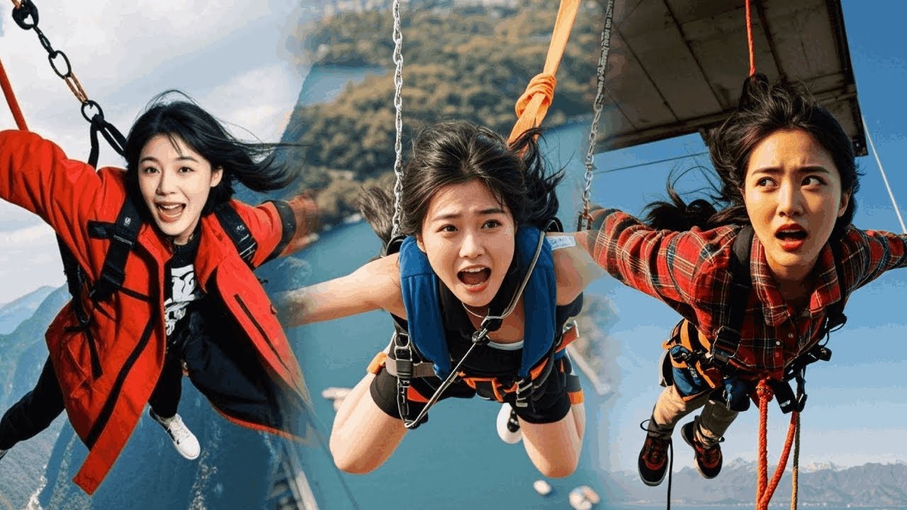 Girls Screaming,|，Bungee Jumping With Rope In Beautiful Place 
