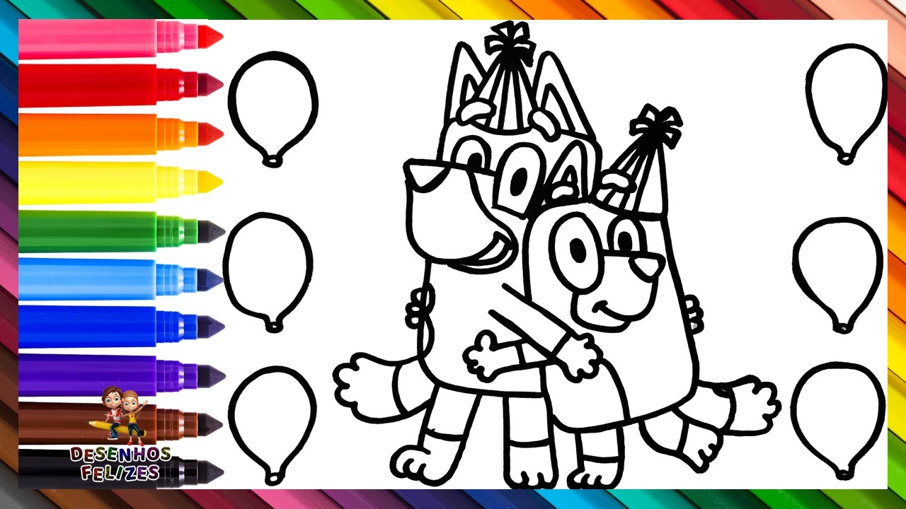 Desenhar e Colorir Bluey e Bingo Celebrando 🐶🐕🎈 Desenhos para Crianças