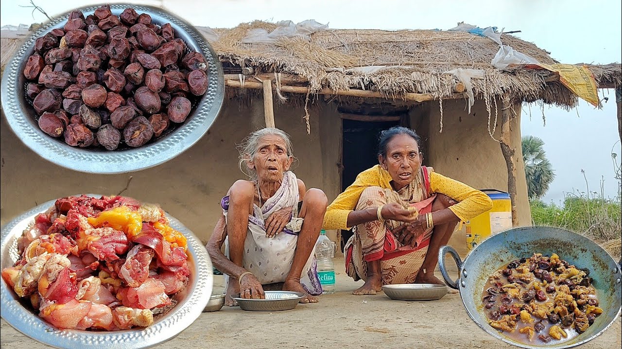 Village poor old Grandma cooking DESI CHICKEN CURRY with Kul recipe and eating with rice||rural life