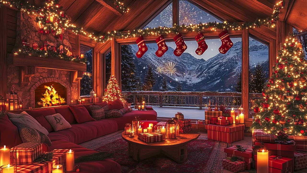 Snowy Christmas Cabin with Glass Walls, Calm Piano Music and Fireplace Sounds to Unwind