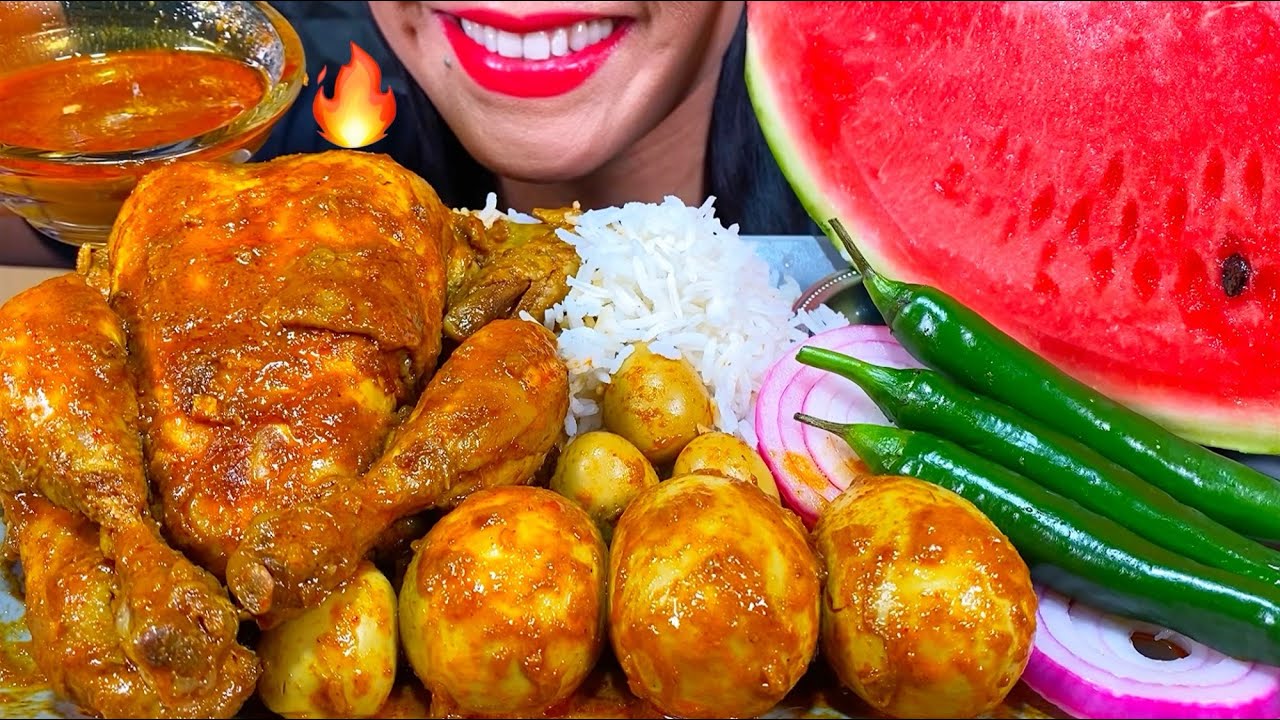 ASMR SPICY WHOLE CHICKEN CURRY, EGG CURRY, RICE, WATERMELON MUKBANG MASSIVE Eating Sounds