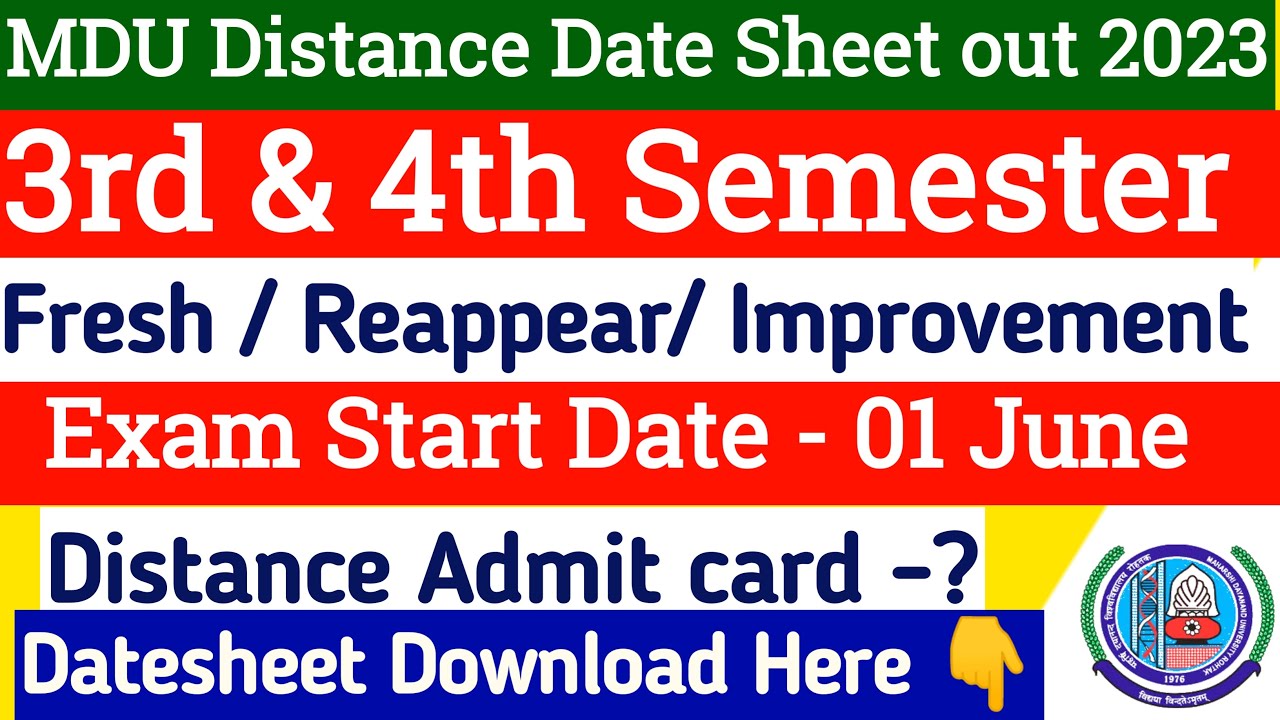 Mdu Distance 4th Semester date sheet 2023 | Mdu distance 3rd semester reappear datesheet out 2023