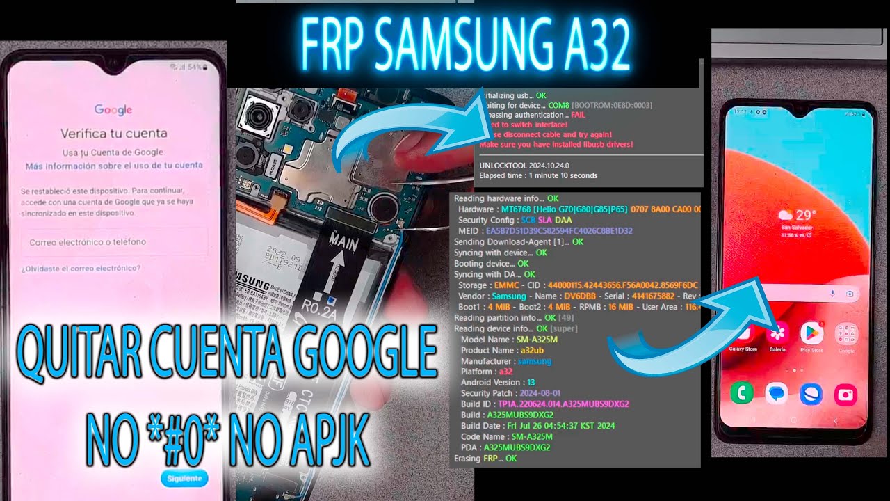 FRP BYPASS SAMSUNG A32 QUITAR CUENTA GOOGLE ULTIMA SEGURIDAD A325 UNLOCKTOOL