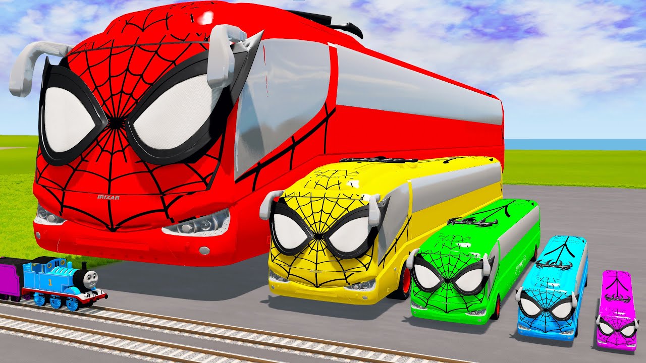 Big & Small Long Colors Buses Spiderman vs Train Thomas | BeamNG.Drive