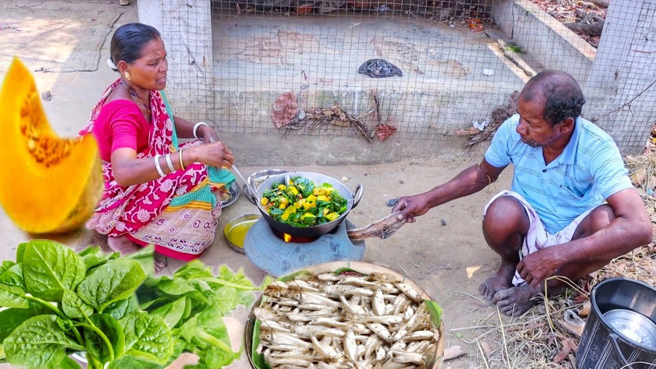 pui shak curry with small fish recipe prepare by santali tribe women||indian village life
