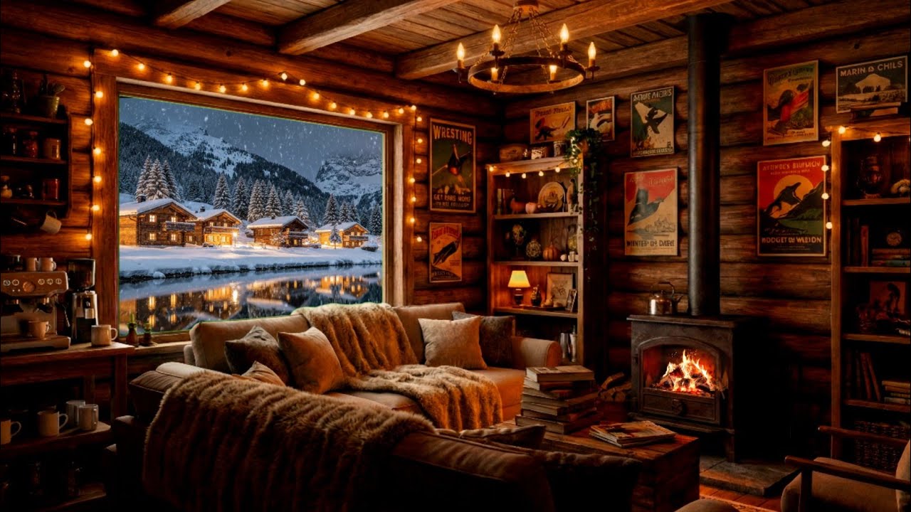 Cozy Winter Cabin Ambience ❄️ Fireplace & Snowfall | Smooth Jazz Music For Sleeping