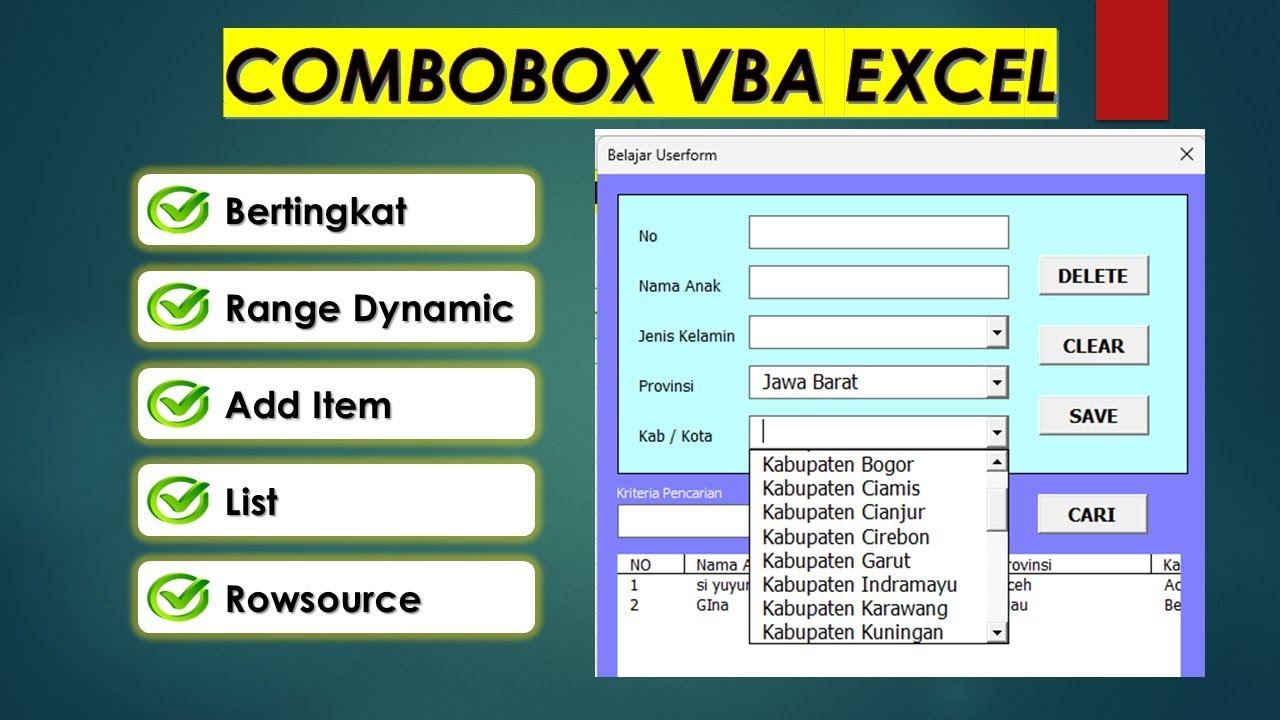 2. Combobox Bertingkat Vba Excel Userform  Add Item , list , rowsource  , Range dynamic