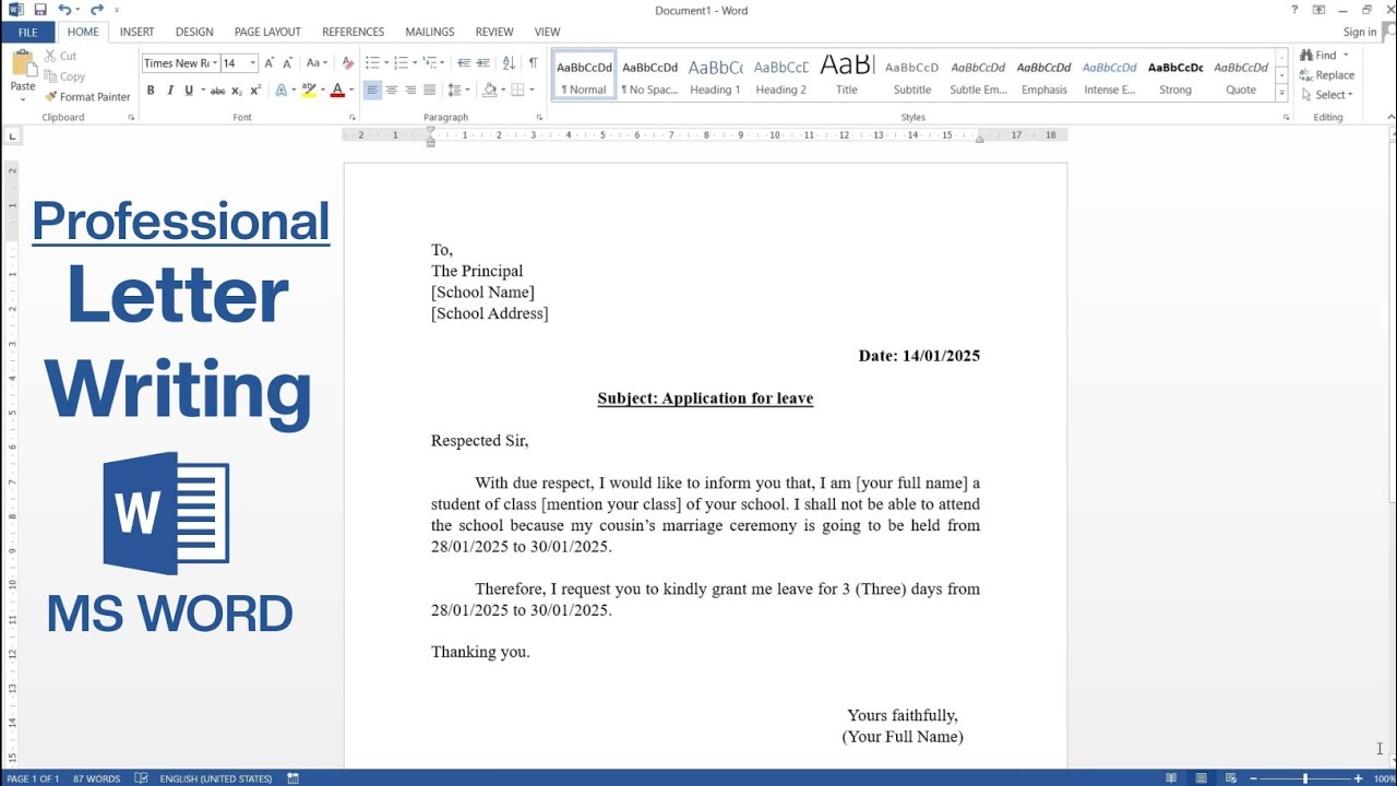 How to write a Letter in Microsoft Word | Application for Leave in MS Word
