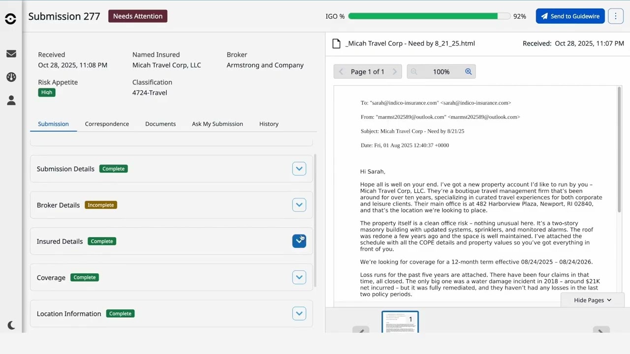 Guidewire PolicyCenter Integration with Indico Data