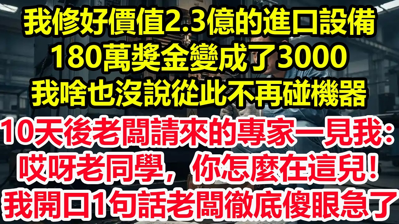 我修好價值2.3億的進口設備，180萬獎金變成了3000，我啥也沒說從此不再碰機器，10天後老闆請來的專家一見我：哎呀老同學，你怎麼在這兒！我開口1句話老闆徹底傻眼急了！#情感 #爽文 #職場 #生活