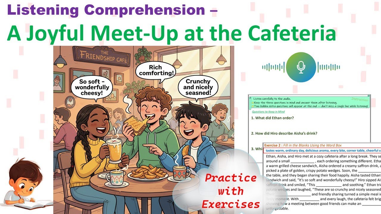 English Listening Practice - 10- A Joyful Meet-Up at the Cafeteria |5 Questions + Fill-Ups