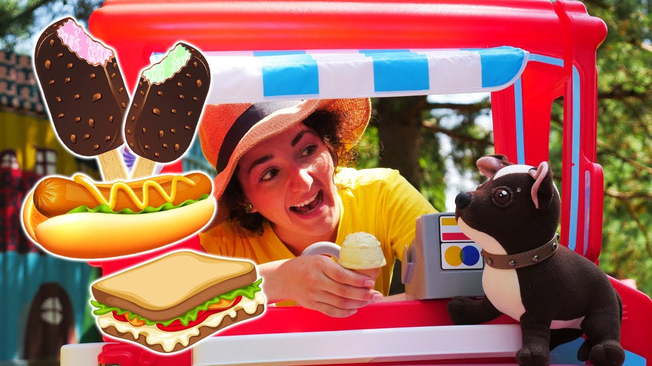 Il cane Cioccolata apre un negozio ambulante. Panini e gelato per tutti! Giochi per bambini
