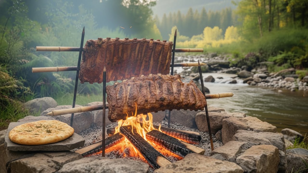 Giant Grilled Ribs by the Stream | Cooking in the Wild
