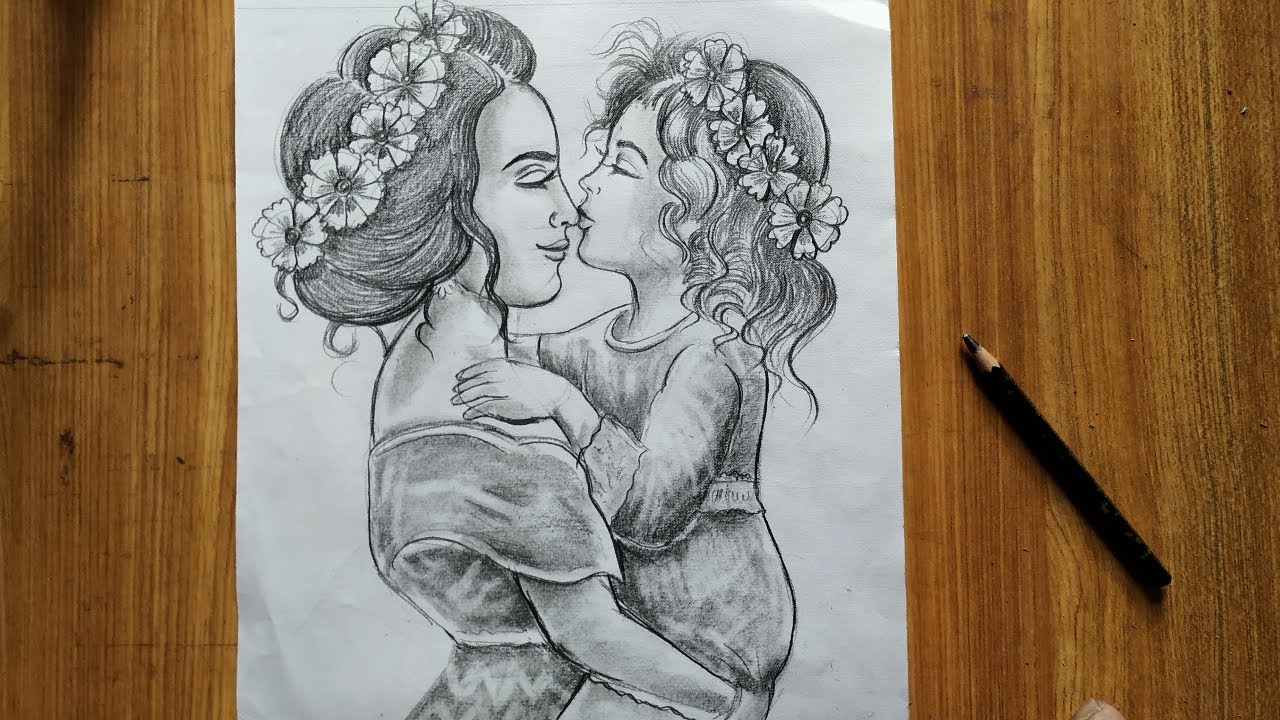 mother's day drawing with pencil sketch,easy pencil drawing mother and son,mother and daughter draw