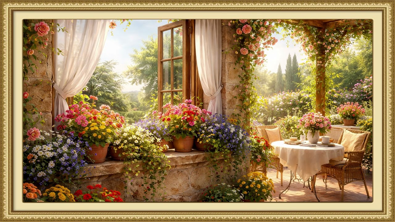 Sunlight Terrace with Vibrant Flowers | Ambient Art 4k Displays