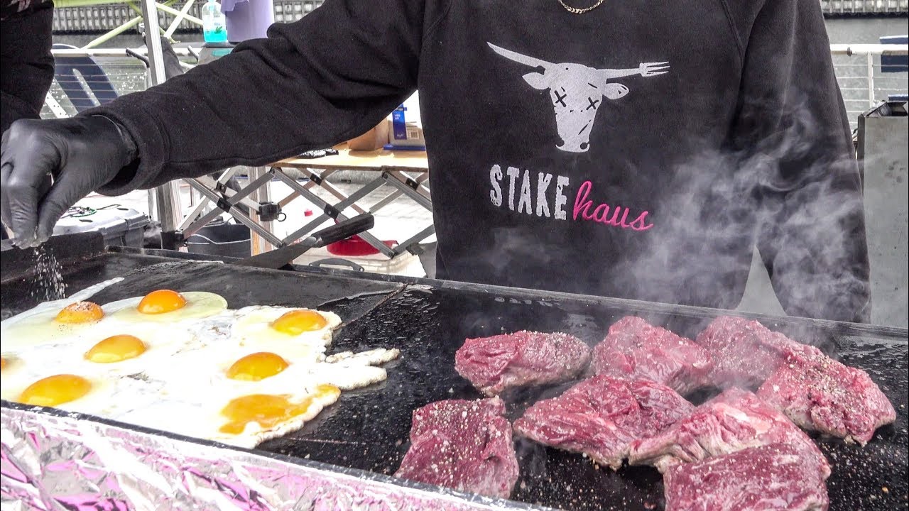Yummy Beef on Grill, Eggs and More. Great London Street Food