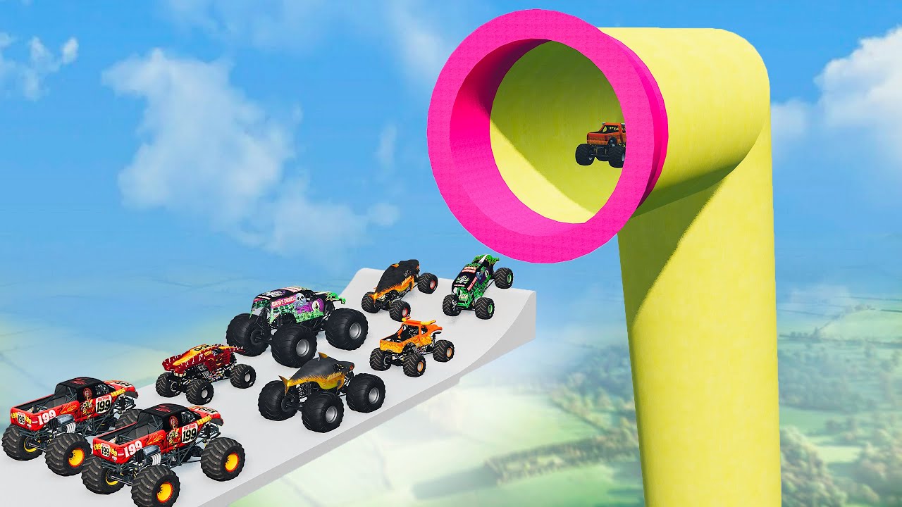 10 MONSTER TRUCKS vs Giant TUBE - BeamNG Monster Truck Crashes