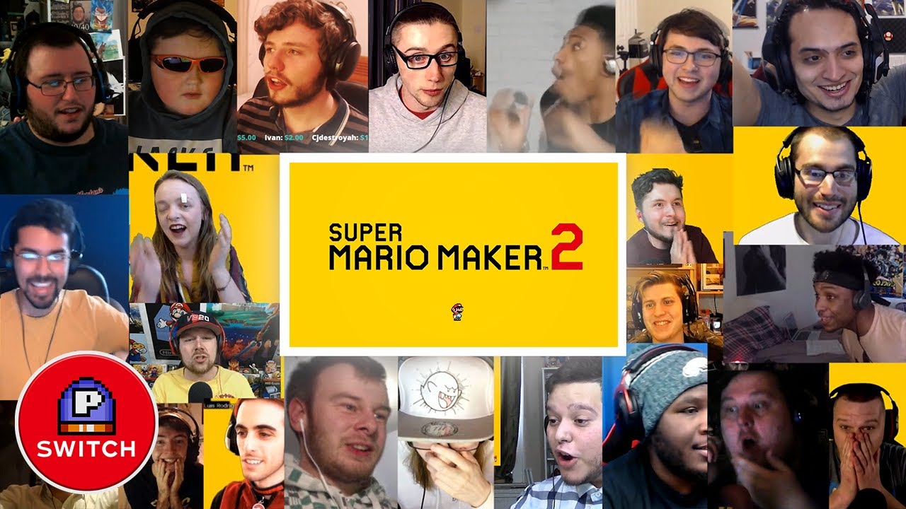 Live Reactions: Super Mario Maker 2 for Nintendo Switch  (20+ Youtubers Synched Compilation)