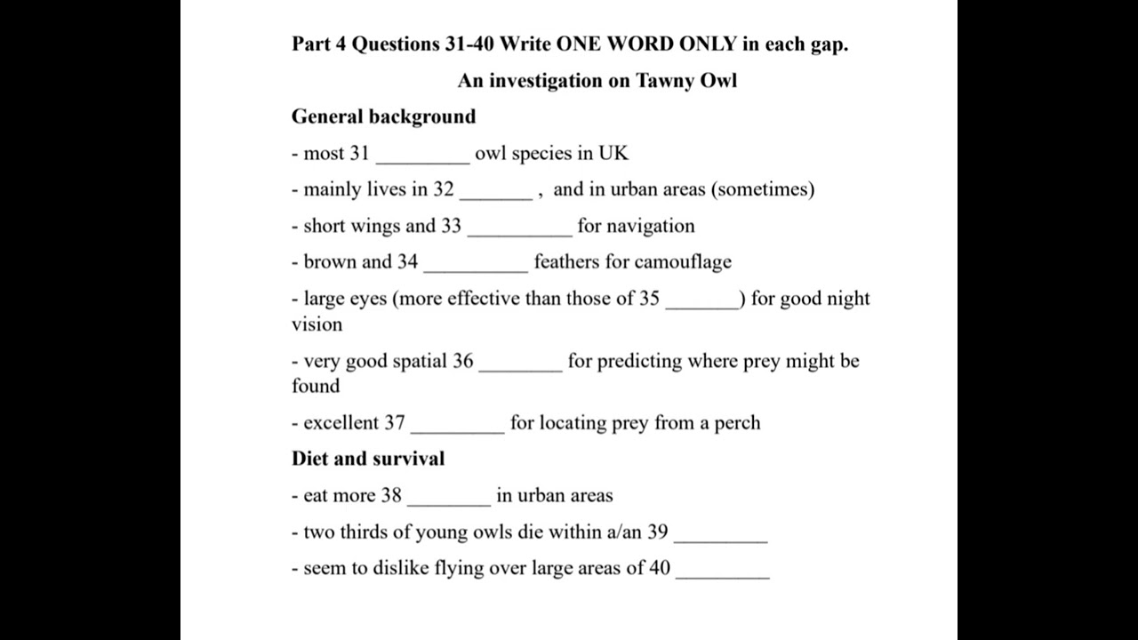 IELTS actual listening test with answers | Part 4 An investigation on Tawny Owl | 12.10.2023