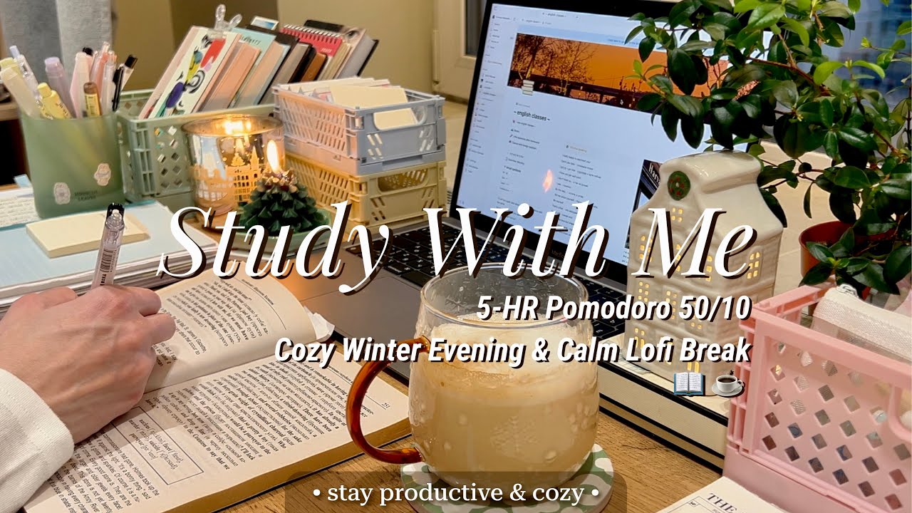 5-HR STUDY WITH ME ☃️ winter cosiness, fireplace evening [Pomodoro 50/10] no talking
