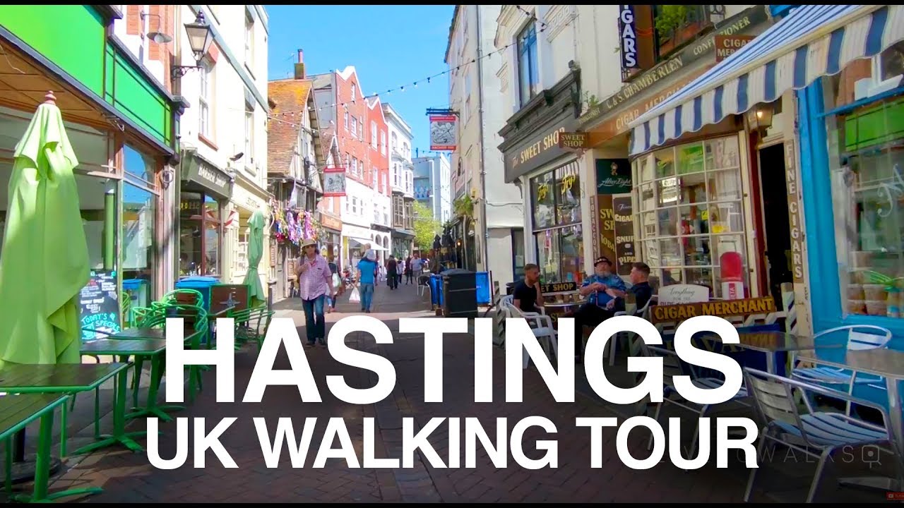 [4K] Hastings, UK Town walking tour - Trendy George Street to Jerwood Gallery