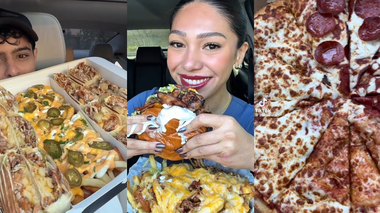 TIKTOK MUKBANG COMPILATION DONER BURGER AND FRIES PIZZA HUT FRIED CHICKEN CHIPOTLE BURRITO HOT DOGS