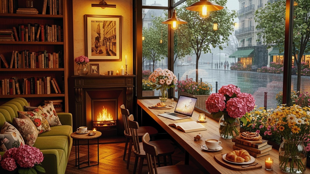 Relaxing Piano Music in a Rainy Cafe with Fireplace Ambience