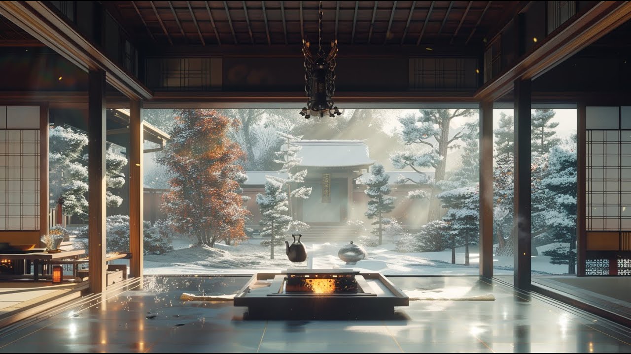 Relaxing Background Music for Sleep | Winter Japanese Fireplace Fire Sounds