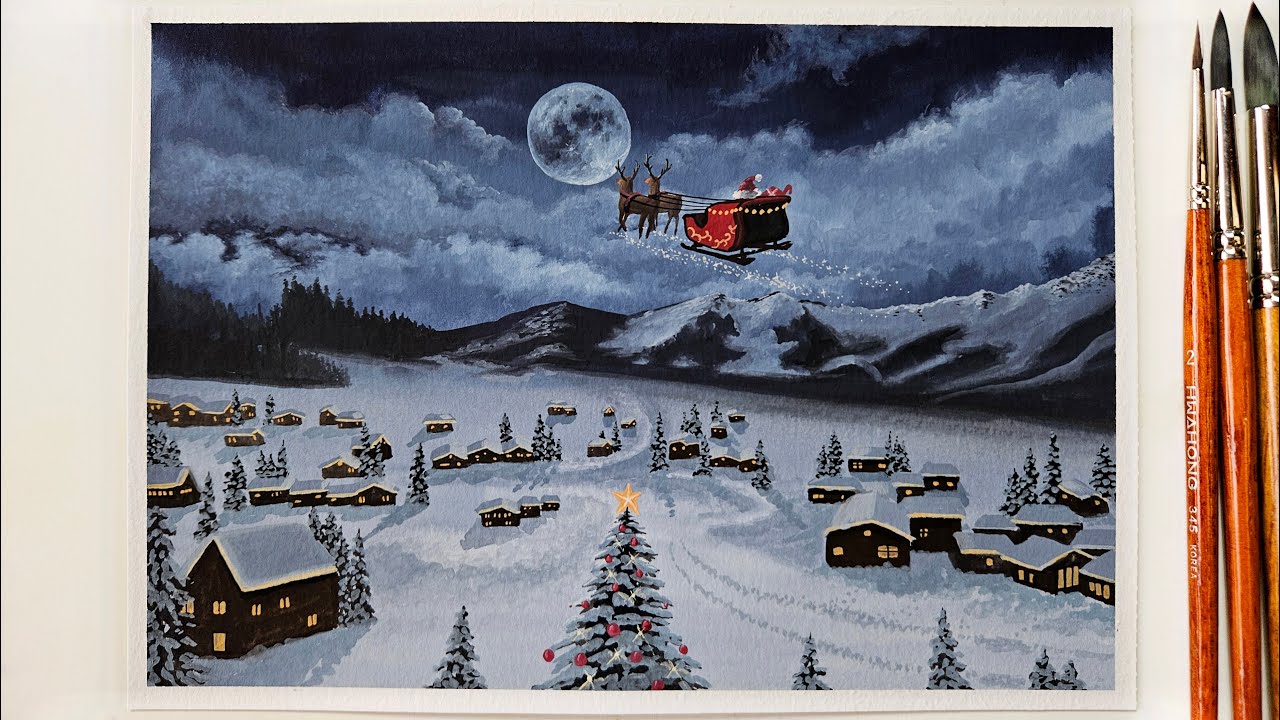 Moonlit Christmas Village Painting with Gouache ｜ Santa Flying Over a Winter Night