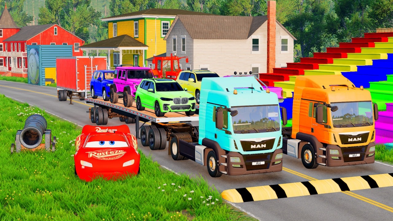 Flatbed Trailer McQueen Transportation with Truck - Speedbumps vs Cars vs Train - BeamNG.Drive #1