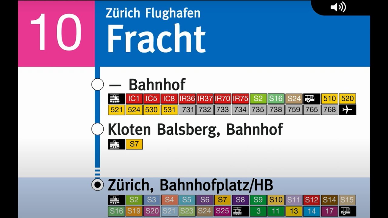 VBG Ansagen » 10 Zürich Flughafen, Fracht — Zürich, Bahnhofplatz/HB | 2022 | SLBahnen