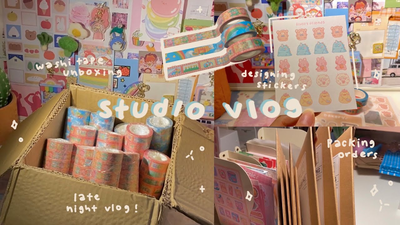 studio vlog 🌙 unboxing washi tape, designing stickers, & packing orders