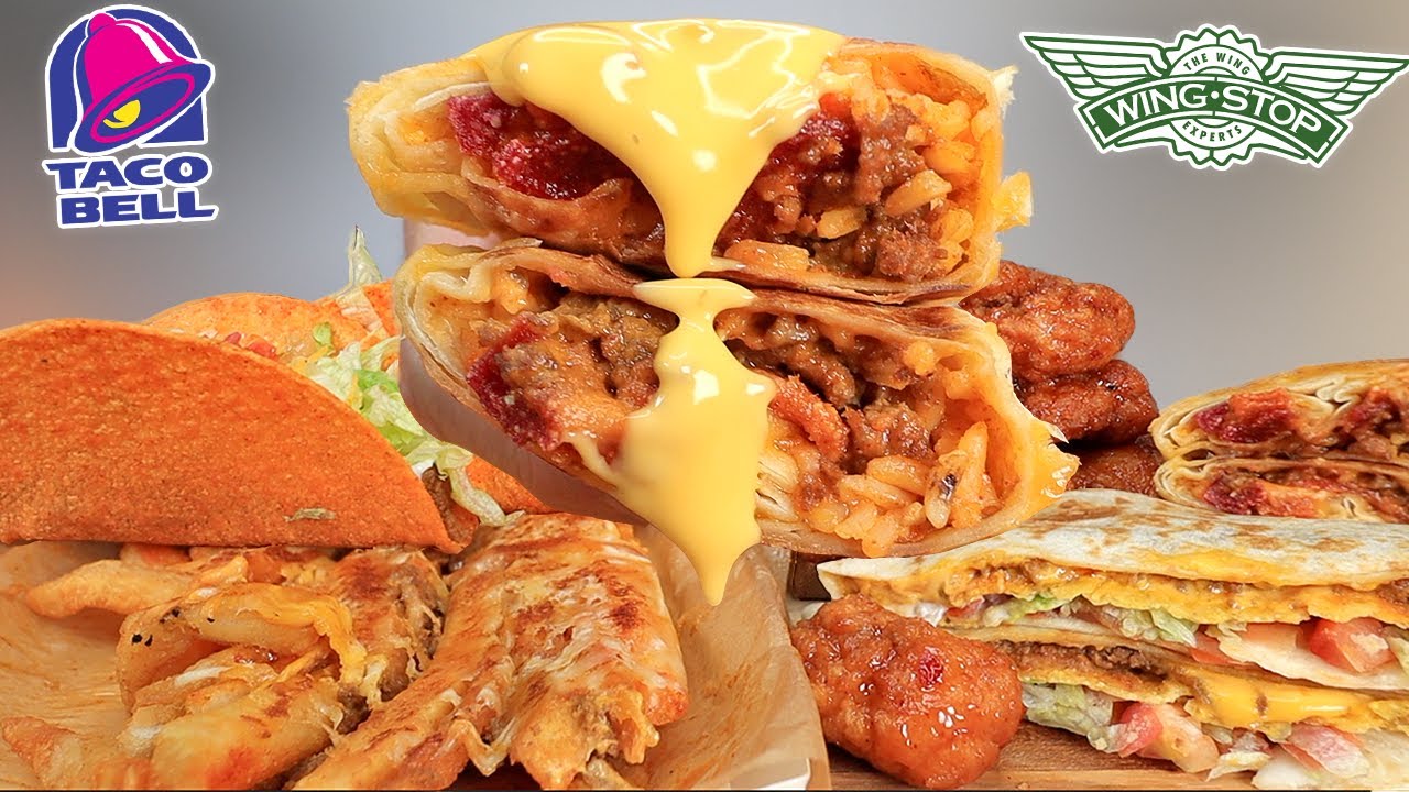 MUKBANG ASMR TACO BELL NEW GRILLED CHEESE FRIES GRILLED CHEESE BURRITO WINGSTOP MANGO HABANERO WINGS