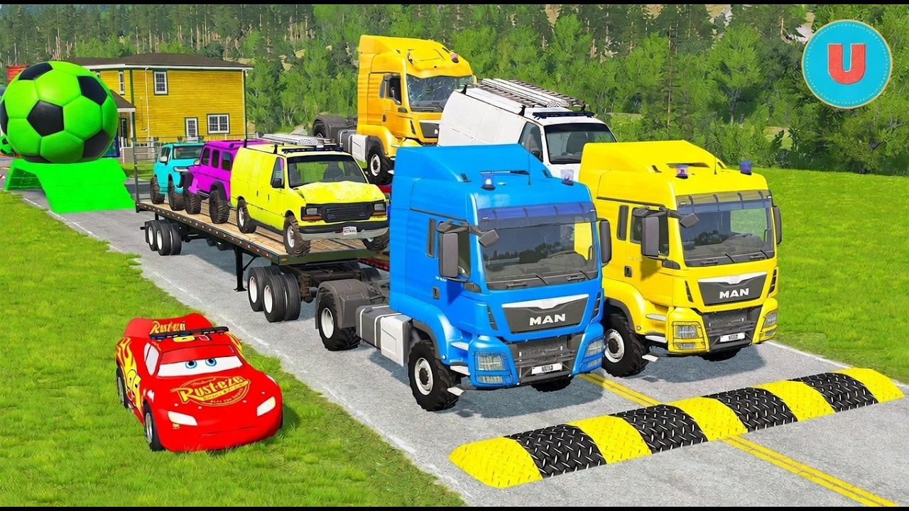 Flatbed Trailer McQueen Transportation with Truck  Speedbumps vs Cars vs Train  BeamNG  #2