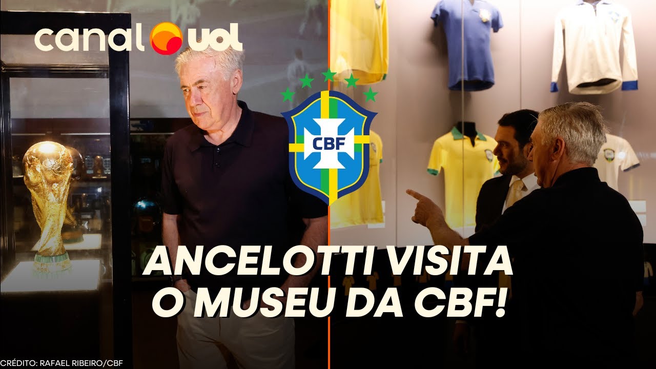 ANCELOTTI VISITA O MUSEU DA SELEÇÃO BRASILEIRA E FALA SOBRE SEXTA TAÇA; VEJA VÍDEO