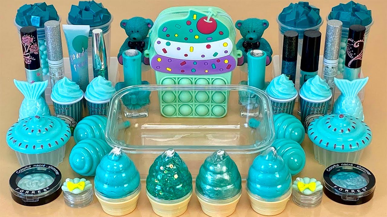 ASMR Slime 💙 Mixing ”MINT” makeup, Eyeshadow, glitter into slime. Satisfying slime video.