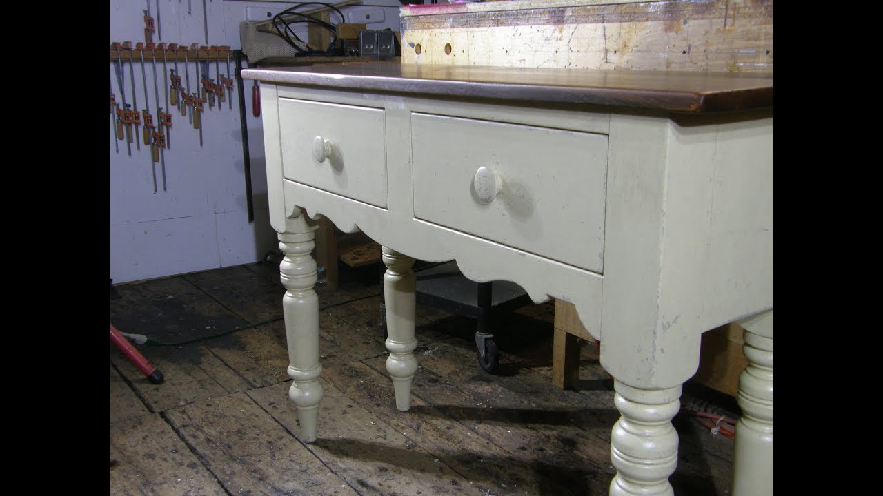 Pine Table With Drawers and Turned Legs and Reclaimed Wood Top