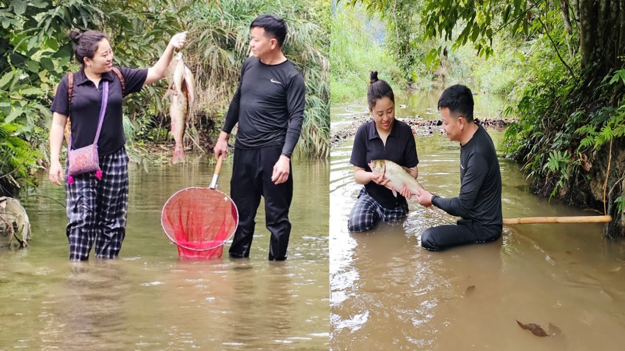 Rainy day, Chung and Thao catch fishing in the stream to cook a cozy meal for the family