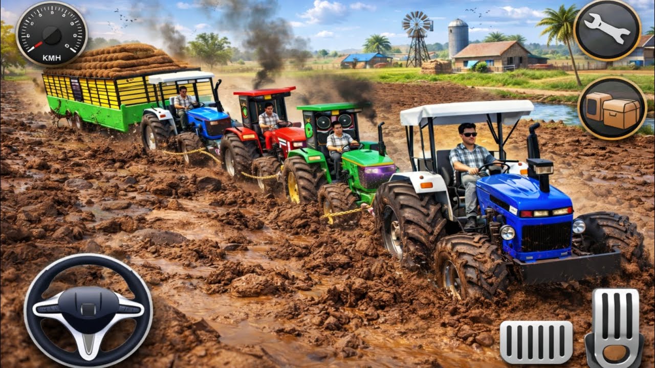 Three tractors rescued a heavily loaded tractor stuck in deep mud! 😱🤯 Heavy weight trolley 😱🤯 #game