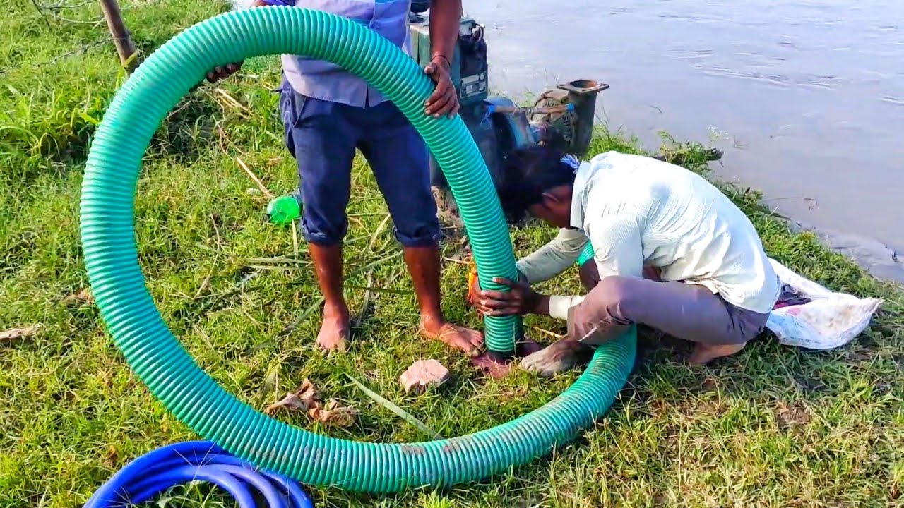 4 inch plastic section 15 feet pipe riwar water 8hp Diesel engine water pump machine setup test