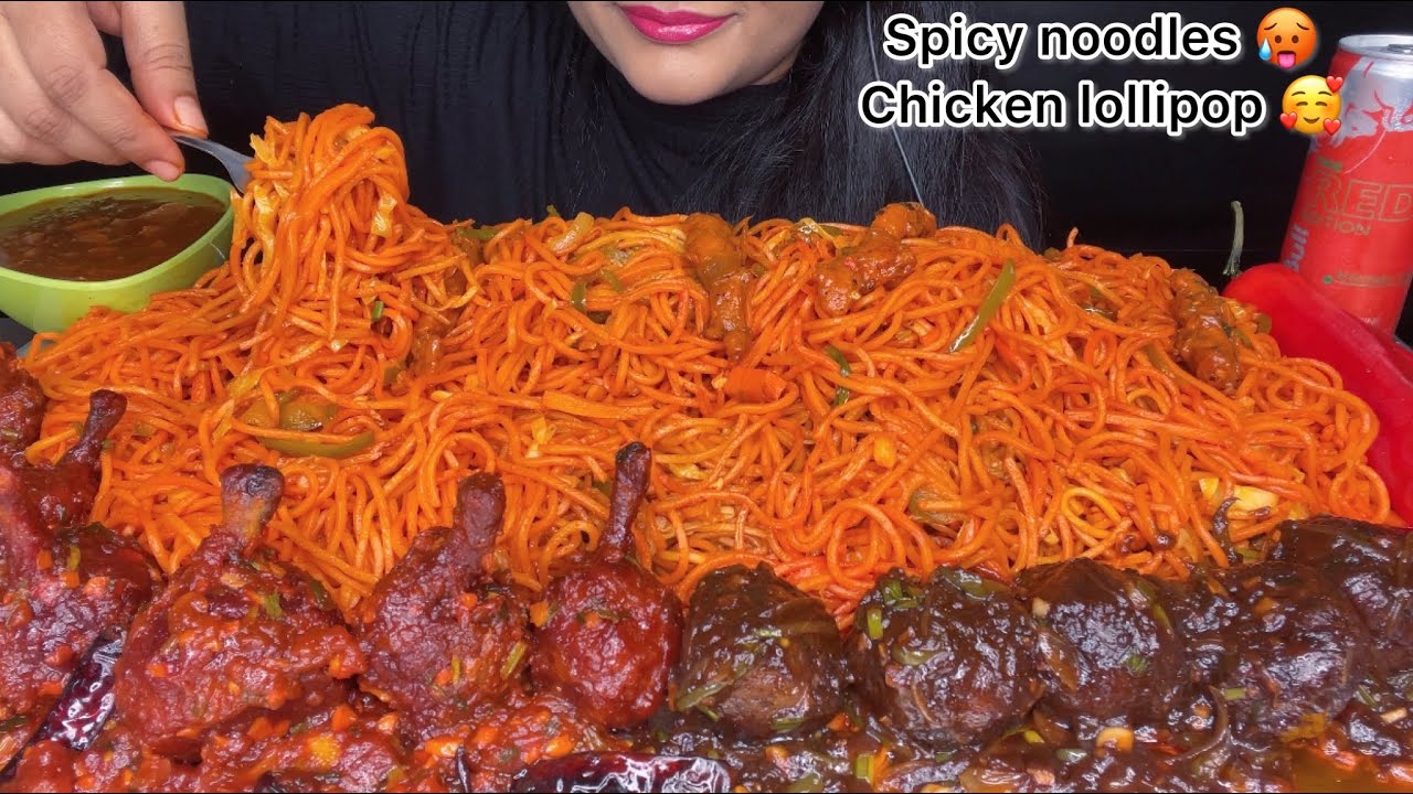 ASMR EATING SPICY🔥SCHEZWAN NOODLES,MANCHURIAN,CHICKEN LOLLIPOP,CHILLI CHICKEN GRAVY *EATING VIDEO